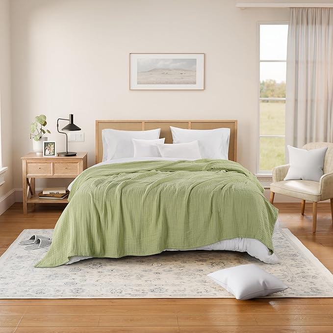 Threadmill King Size Muslin Blanket | 4 Layer Lightweight Gauze for All Seasons | Soft, Breathable, and Cozy Picnic Blankets | Lighweight Summer Blanket Fits Cal King Size Bed | Sage Green