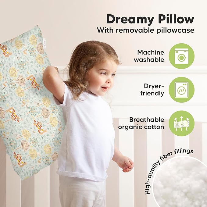 KeaBabies Toddler Pillow with Pillowcase, Jumbo 14X20 - Soft Organic Cotton Toddler Pillows for Sleeping - Machine Washable - Perfect for Travel, Toddler Bed Set (Wild Picnic)