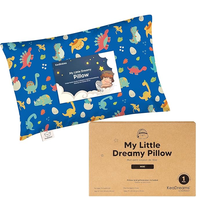 Mini Toddler Pillow with Pillowcase - 9x13 My Little Dreamy Travel Kids Pillow for Sleeping, Toddler Bed, Small, Tiny, Organic Cotton Pillowcase, Soft & Breathable, Kids 2-4 Years Old (DinoWorld)