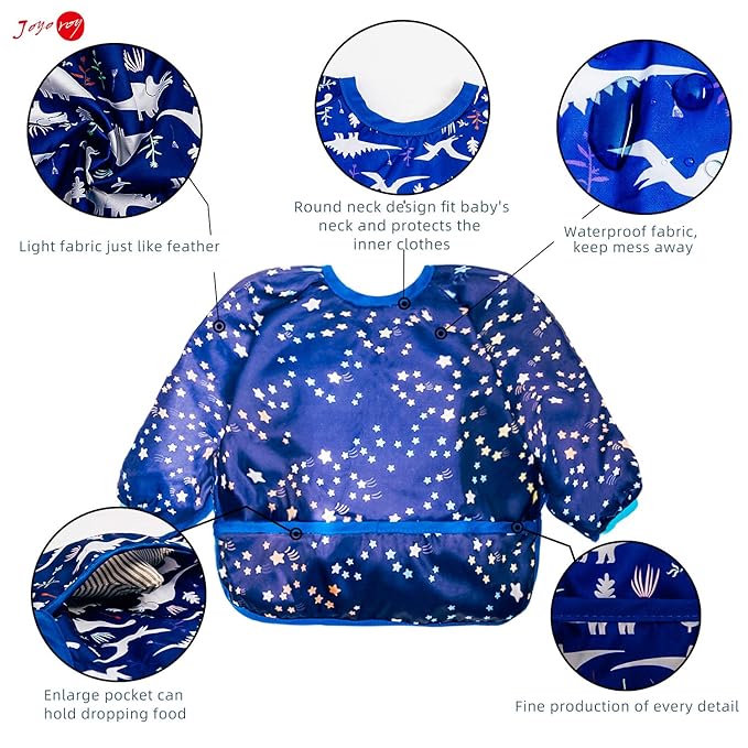 Joyo roy Mess Proof Baby Bibs for Eating Waterproof Toddler Bibs for Boys Soft Machine Washable Long Sleeve Bib 1-3 Years Travel Reusable Baby Smock Apron for Feeding Bib with Food Catcher