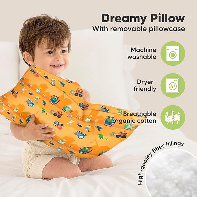 Toddler Pillow with Pillowcase - 13x18 My Little Dreamy Kids Travel Bed Pillows for Sleeping,Organic Cotton Small Pillowcase,Soft & Breathable,Machine Washable,Toddlers 2-5 Years Old (Little Builders)