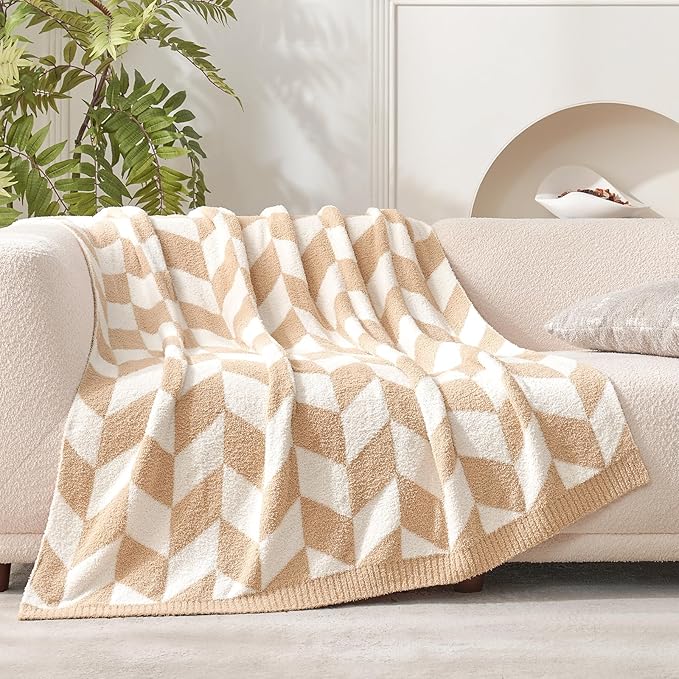 Snuggle Sac Chevron Throw Blanket for Couch, Reversible Super Soft Warm Blankets Cozy Knit Fuzzy Plush Lightweight Throws for Sofa, Bed, Camping, Beige,50x60 inches