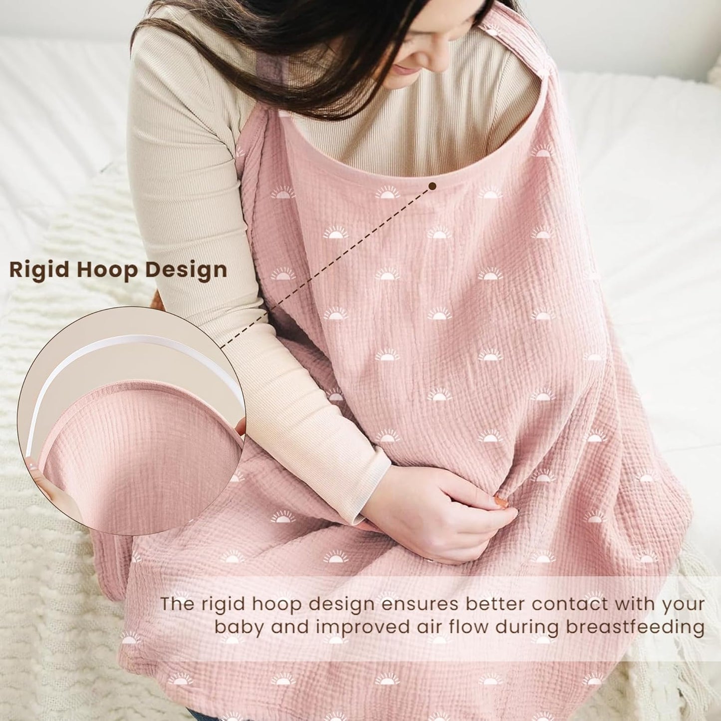 Konssy Muslin Nursing Cover for Baby Breastfeeding, Breathable 100% Cotton Breastfeeding Cover with Rigid Hoop for Mother Nursing Apron, Multi-use Carseat Canopy