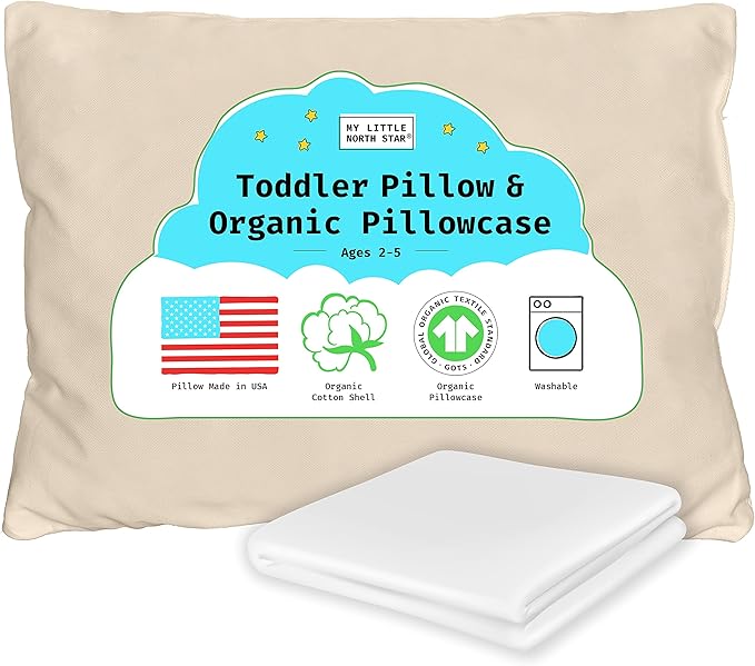 Organic Toddler Pillow Made in the USA and Organic Cotton Pillowcase - 13x18 Soft Natural Cotton Toddler Pillow for Sleeping - Washable Baby Nap Pillow - Travel Pillow - Kids Sleeping Bedding