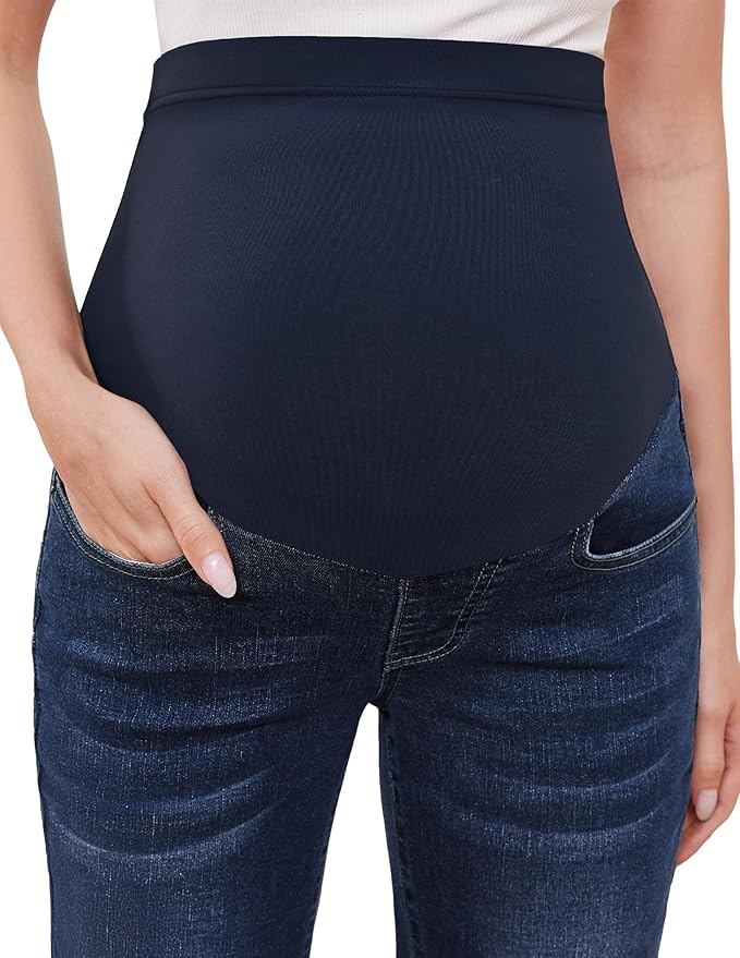 GLAMIX Women's Stretch Maternity Bootcut Jeans with Pockets Over The Belly Bell Bottoms Flare Denim Pants Pregnancy Clothes