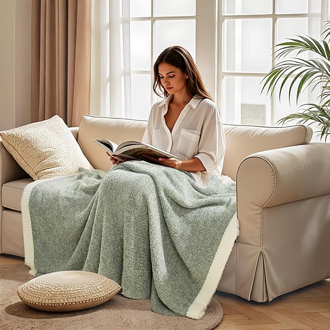 NEXHOME PRO Super Soft Throw Blankets for Couch, Reversible Warm Blankets Cozy Knit Blanket for Women, Fuzzy Plush Lightweight Throws for Sofa, Bed, Picnic, Sage Green White, 50 x 60 inches
