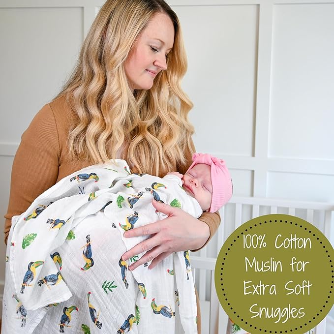 LollyBanks Swaddle Blanket, 100% Cotton Muslin Swaddle Blankets for Boys and Girls, Large 47 x 47 Inches Baby Blanket, Soft and Breathable Receiving Blankets, Registry (Vibrant Tropical Toucan)