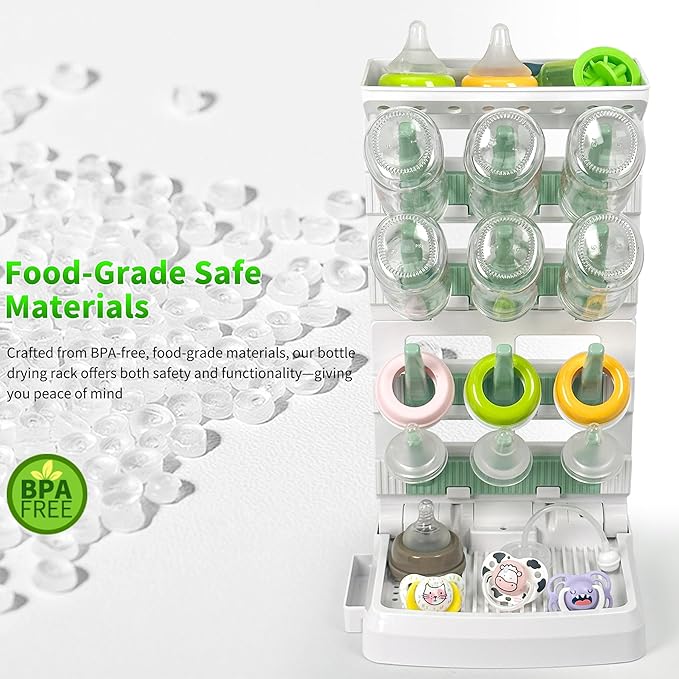 Baby Bottle Drying Rack for 12 Bottles, Space Saving Countertop Vertical Standing Bottle Dryer Rack for Baby Accessories & Pump Parts （Large White&Green）