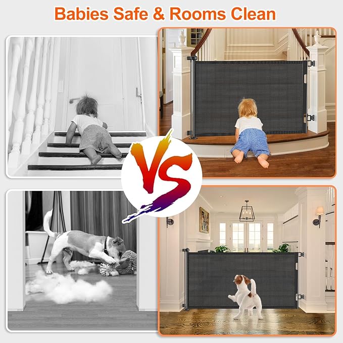 71 inch Retractable Baby Gates, EZIGO Extra Wide Baby Gate for Large Opening Extra Long Mesh Gate for Kids or Pet Dog Gate Child Safety Gate for Stairs Hallways Doorway Indoor Outdoor, Black