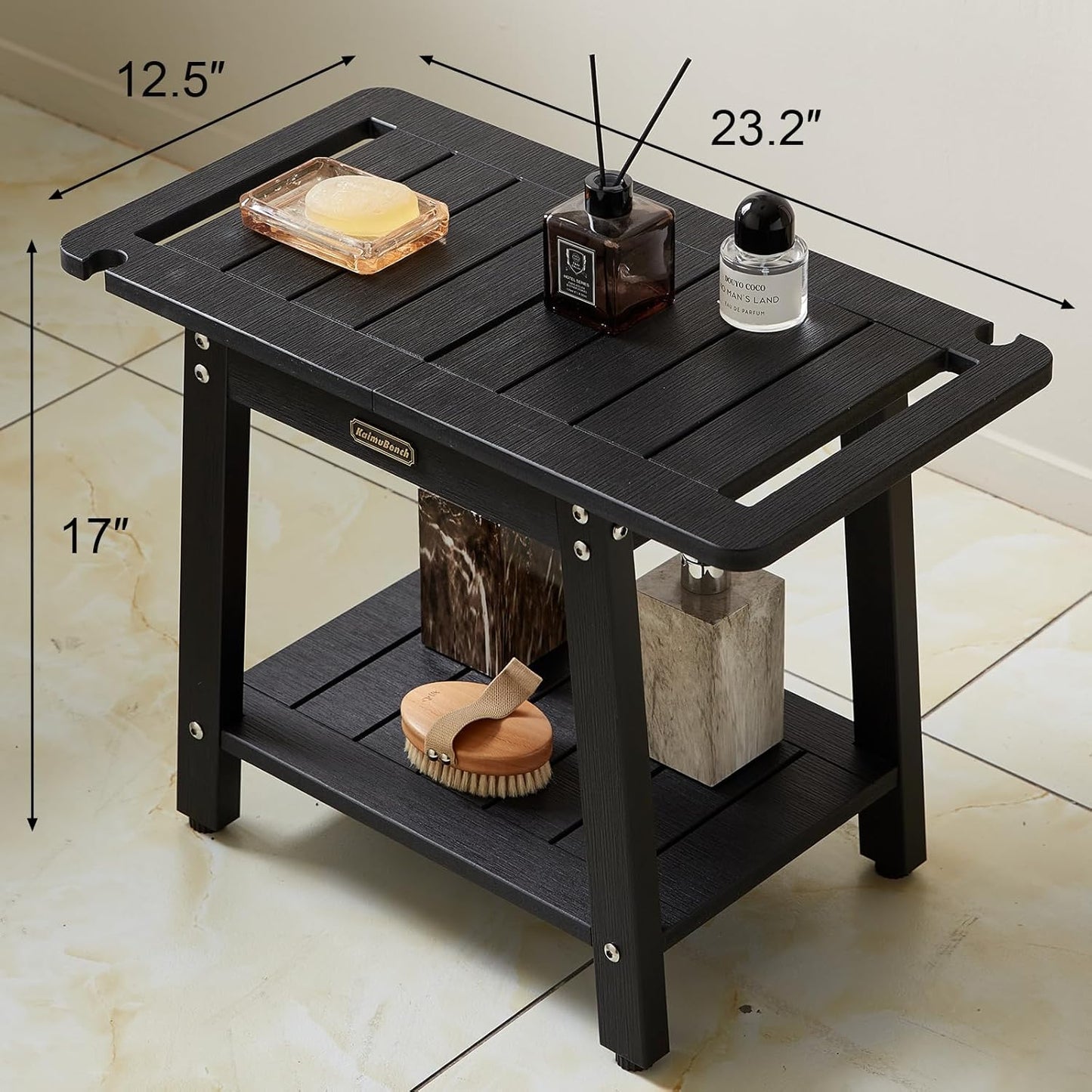 HDPS Shower Benches, Black Shower Stool for Shaving Legs with Shelf, Waterproof Bathroom Chair Seat, Weather Resistant/Non-Slip/Handles/Indoor or Outdoor Use