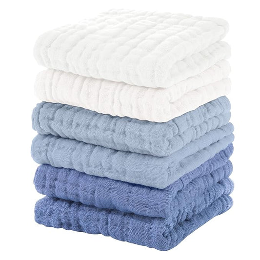 Muslin Baby Washcloths 6 Pack, 100% Cotton Wash Cloths for Babies, Large 12''X12'' Burp Cloths Absorbent and Soft for Newborn Infants Kids Boys Girls - Gradient Blue