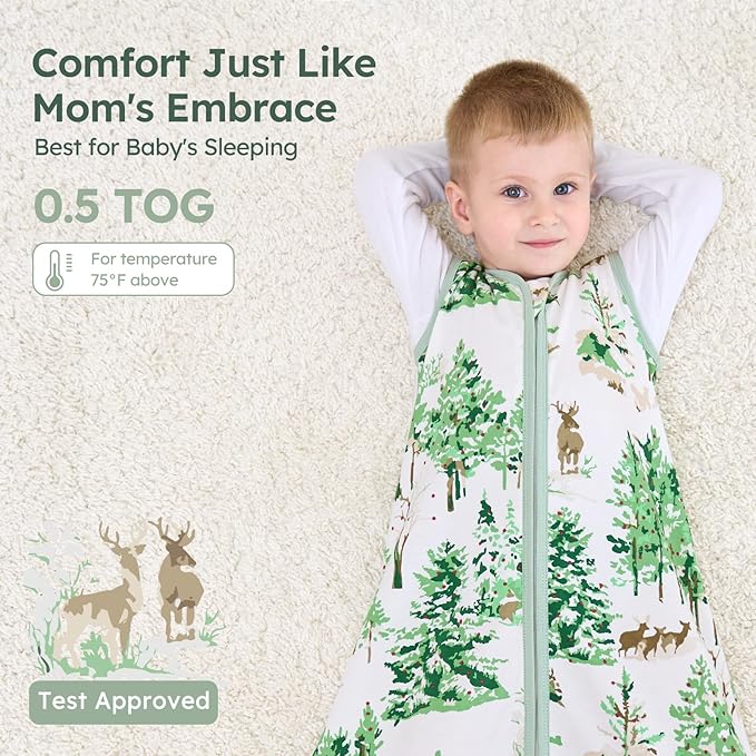 Baby Sleep Sack 0-6 Months 100% Cotton Lightweight 0.5 TOG Wearable Blanket Baby Sleep Bag with 2-Way Zipper for Newborn Infant Green Pine Tree