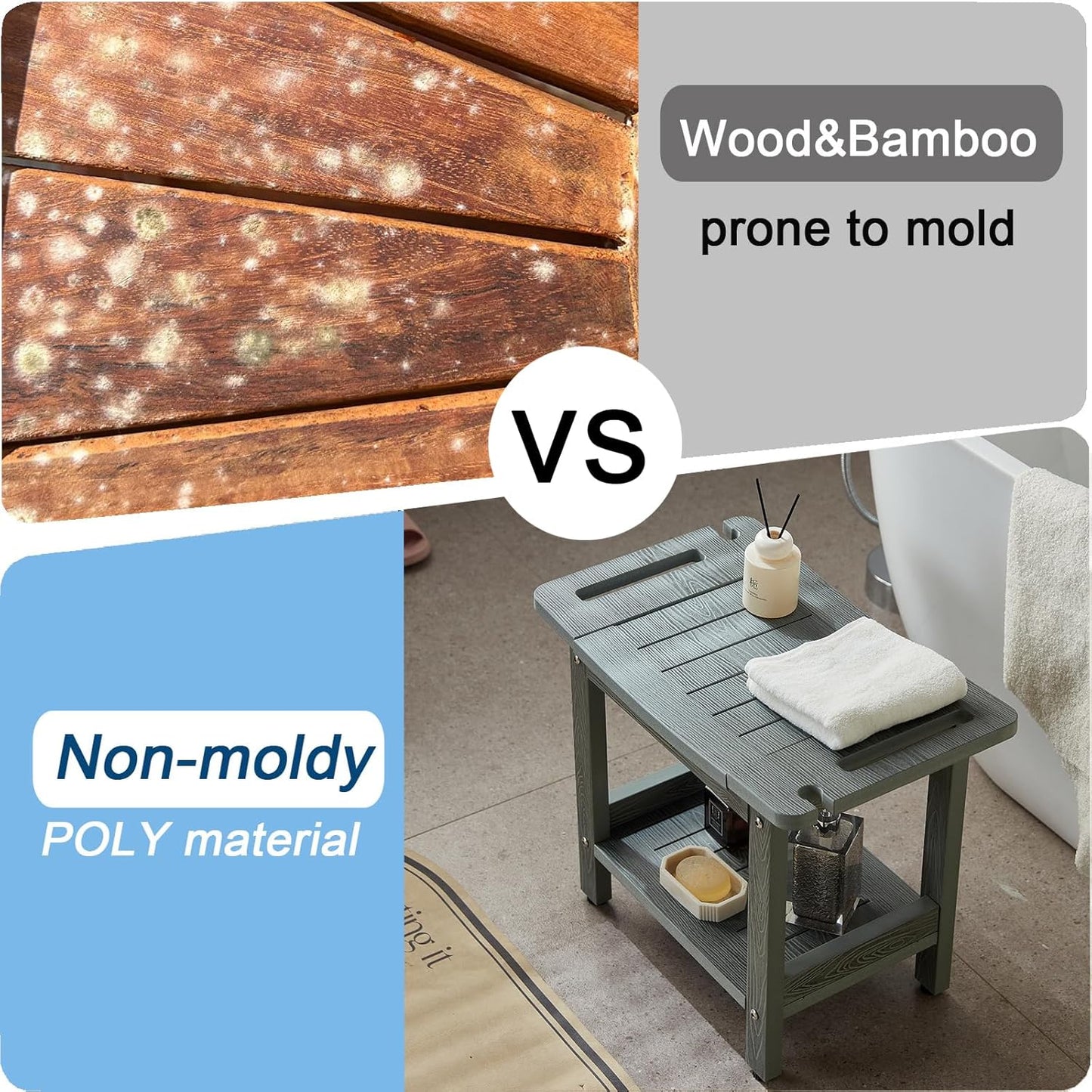 HDPS Shower Bench for Inside Shower, Gray Waterproof Shower Stool for Shaving Legs, Poly Lumber Shower Chair Seat with Handles & Shower Head Holder, Bathroom Shower Foot Rest Stool with Storage Shelf