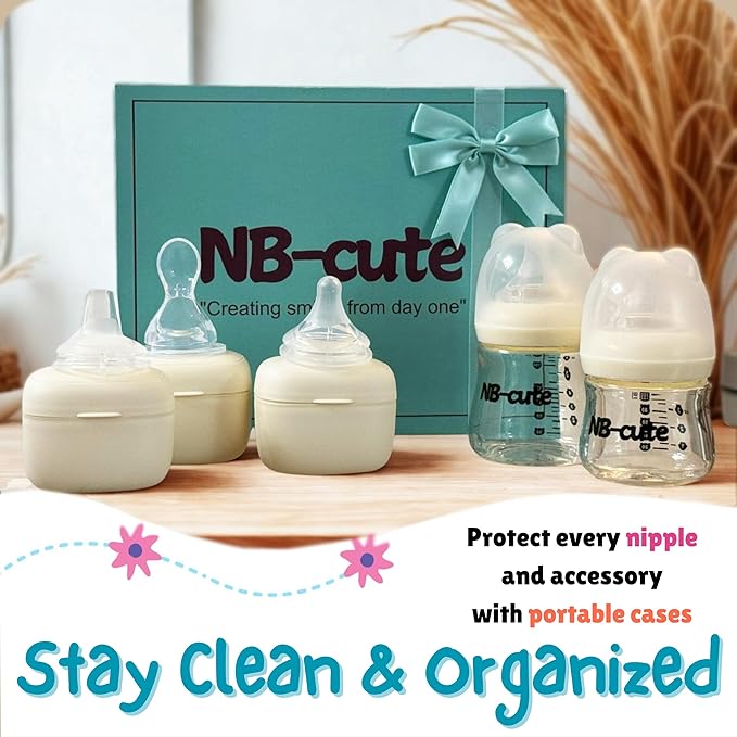 Glass Baby Bottles Anti Colic Set 2 Pack 3oz and 6oz BPA Free Heat Resistant Borosilicate Glass with 3 Silicone Nipples Wide Neck Gift Box Baby Shower Easy to Sterilize for Newborn Infant 0-9 Months