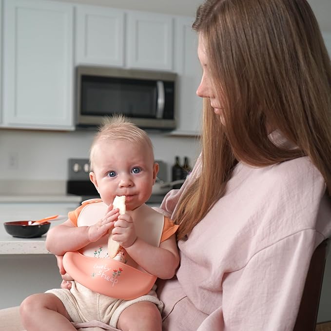 Silicone Baby Bibs Unisex, Self-Feeding, Catch-all Large Pocket, 6-48 months, BPA-Phthalate Free, w/Travel Case
