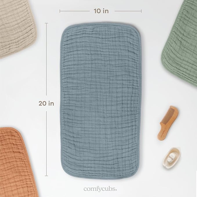 Comfy Cubs Muslin Burp Cloths 20" x 10", Pack of 10 - Large, 6-Layer, Ultra Absorbent 100% Cotton for Baby Drool and Messes - Soft, Safe & Gentle Baby Burp Cloths for Boys & Girls - Pacific Blue