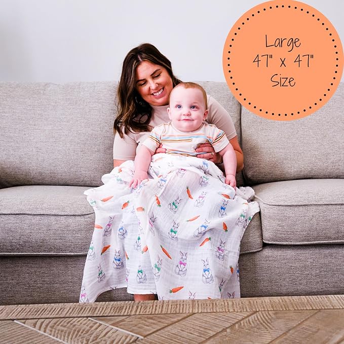 LollyBanks Swaddle Blanket, 100% Cotton Muslin Swaddle Blankets, Neutral Swaddle Blanket 47 x 47 Inches, Baby Blanket for Boys and Girls, Baby Essentials, Registry (Bunny Print)