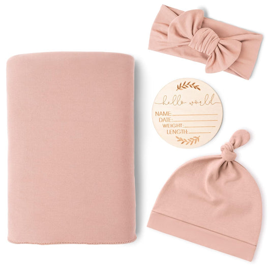 Konssy Baby Girl Newborn Receiving Blanket with Matching Headband and Beanie Set Baby Swaddle Nursery Swaddle Wrap