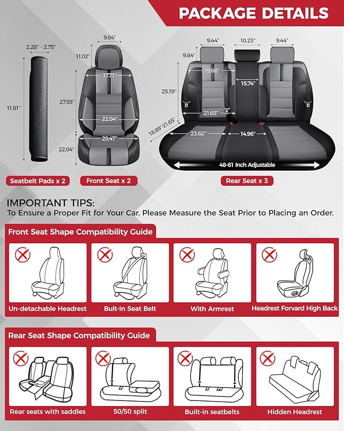 FREESOO Black Gray Car Seat Covers Full Set - Faux Nappa Leather Seat Covers for Cars, with Front Seatbelt Pads, Luxury Waterproof Cushion Protector Accessories Fit for Most 5 Seats Sedans SUV Trucks
