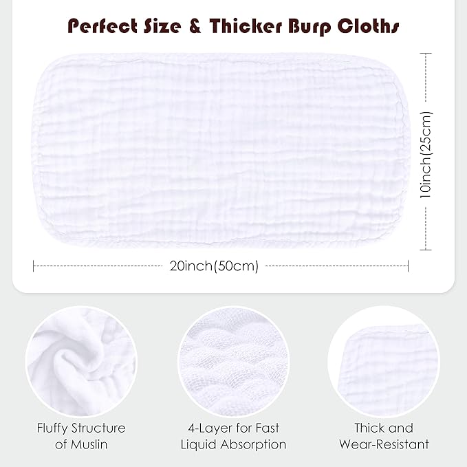 Muslin Burp Cloths 100% Cotton Large 20''x10'' Extra Soft and Absorbent Baby Wash Cloths Spit Up Rags - Baby Burping Cloth for Boys Girls Items(12 Pack White)