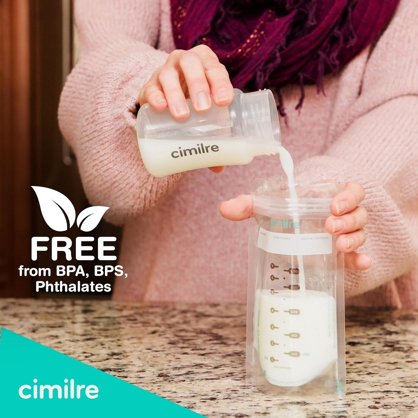 Breast Milk Storage Bags by Cimilre, Leak-Proof Breastmilk Storage Bags, Freeze Flat or Standing, 7 oz. Bags (100 Pack)