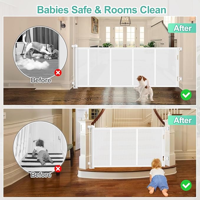 Upgrade 120 inch Retractable Baby Gates, EZIGO Extra Wide Baby Gate for Large Opening Extra Long Mesh Gate for Kids or Pet Dog Gate Child Safety Gate for Stairs Hallways Doorway Indoor Outdoor, White