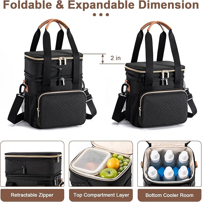 Breastmilk Cooler Bag with Ice Pack Fits 6 Baby Bottles Up to 9 Ounce, Expandable Double-layer Leak-Proof Cooler Bag with Shoulder Strap for Nursing & Working Mom, Black