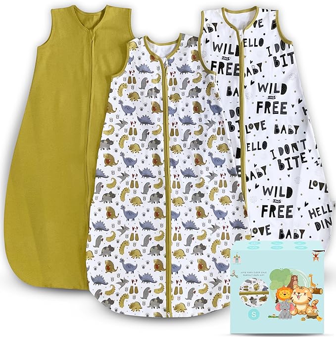 Cute Castle Baby Sleep Sack 0-6 Months - Lightweight 100% Cotton 2-Way Zipper TOG 0.5 Infant Wearable Blanket, Newborn Essentials Toddler Sleep Clothes, 3 Pack(Honey, Dinosaurs, Letters)