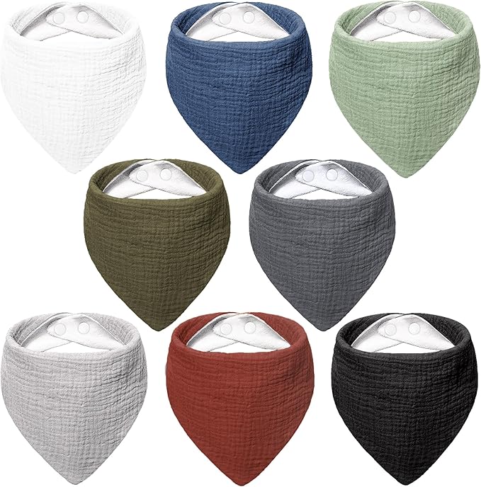 Bearmoss Muslin Baby Bibs 8 Pack Soft Bandana Bibs for Drooling & Teething, Absorbent Burp Cloths with Adjustable Snaps