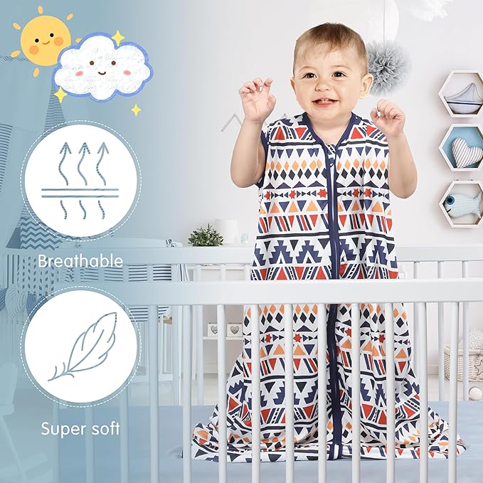 3 Pack Baby Sleep Sack 100% Rayon Cotton Baby Sleeping Bag 2-Way Zipper Toddler Wearable Blankets TOG 0.3. (Soccer&Triangles&Blue, 6-12 Months)