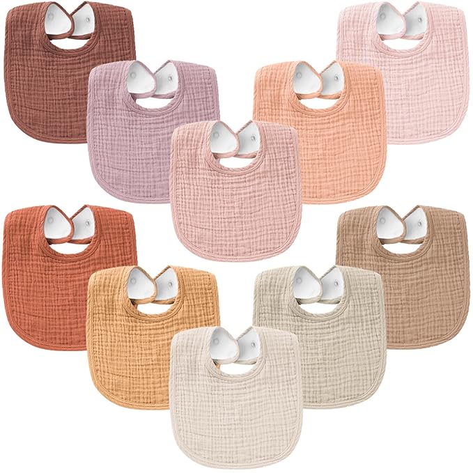 Konssy 10-Pack Muslin Baby Bibs, Soft Cotton Bandana Bibs for Drooling & Teething, Unisex Solid Colors for Boys & Girls, Newborn & Infant