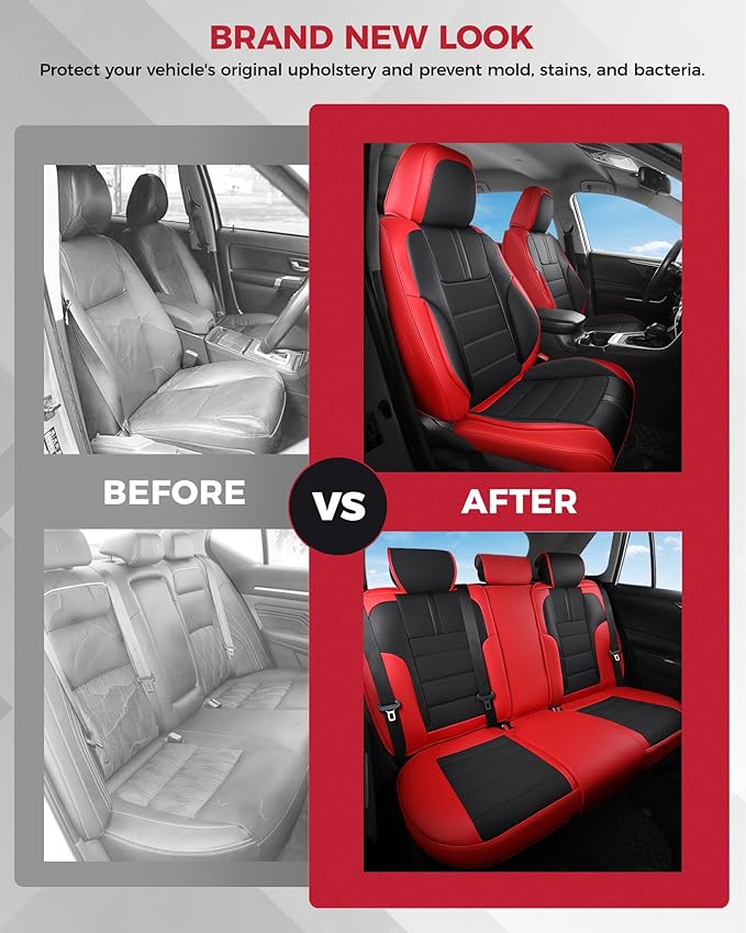 FREESOO Red Black Car Seat Covers Full Set - Faux Nappa Leather Seat Covers for Cars, with Front Seatbelt Pads, Breathable Interior Protectors Universal Fit for Most 5 Seats Vehicles Sedans SUV Trucks