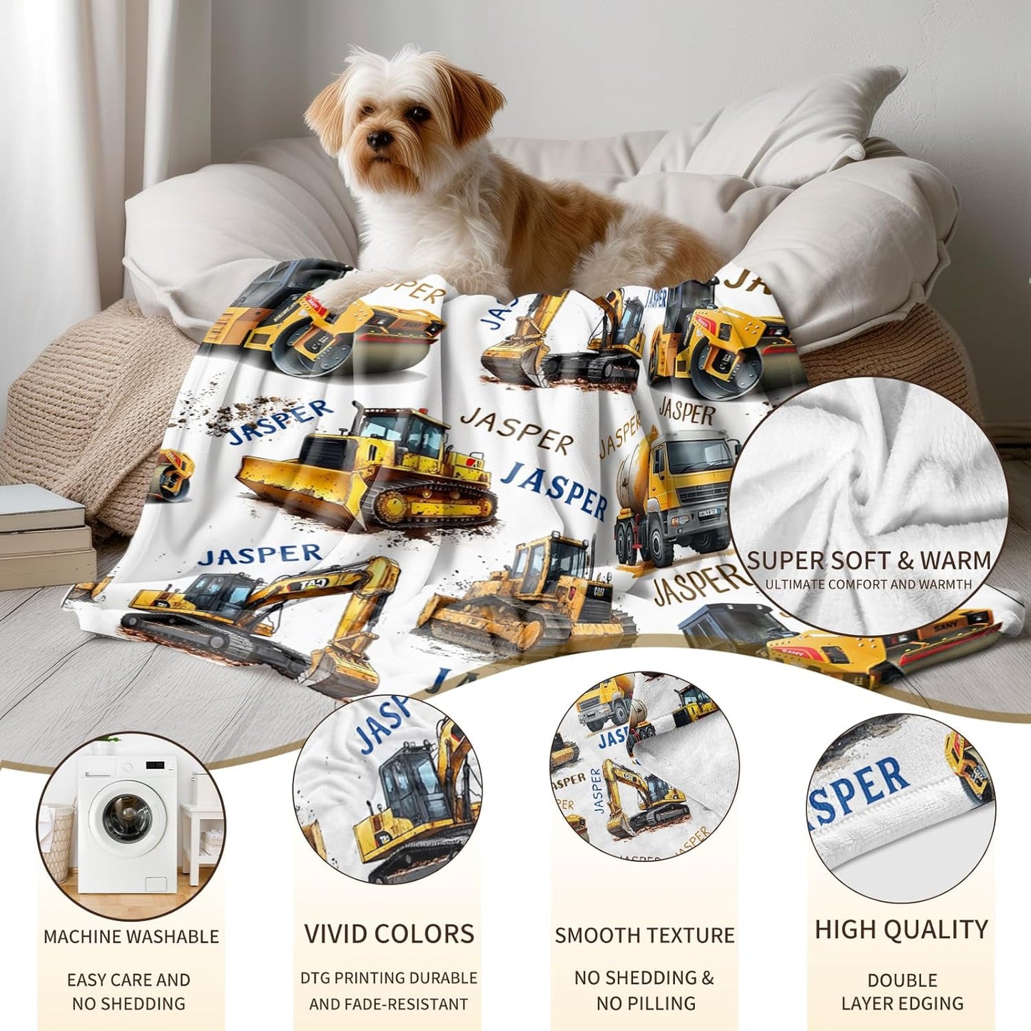 Ship Next Day, Personalized Truck Blanket - Printed in USA, Custom Name Blankets for Kids with Engineering Vehicle, Home Bedding Bed Decor, Fun Birthday Gift for Boys&Girls Women Man