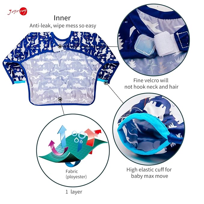 Joyo roy Mess Proof Baby Bibs for Eating Waterproof Toddler Bibs for Boys Soft Machine Washable Long Sleeve Bib 1-3 Years Travel Reusable Baby Smock Apron for Feeding Bib with Food Catcher