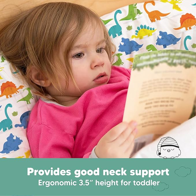 Toddler Pillow with Pillowcase - 13x18 My Little Dreamy Kids Travel Bed Pillows for Sleeping, Organic Cotton Small Pillowcase, Soft & Breathable, Machine Washable, Toddlers 2-5 Years Old (Happy Dino)