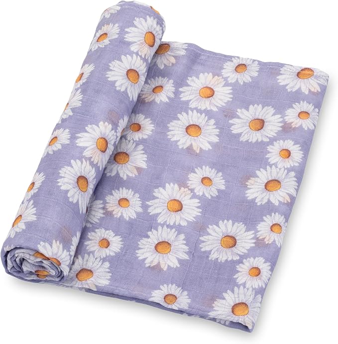 LollyBanks Baby Blanket, 100% Cotton Muslin Swaddle Blanket, Soft Baby Girl Blanket 47 x 47 Inches, Nursery Swaddling Blankets for Girls, Baby Essentials, Registry (Daisy Print)