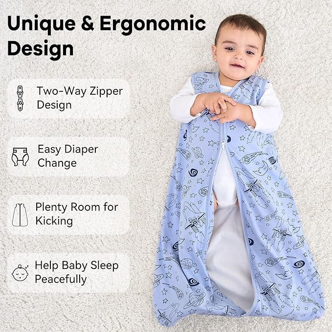 Baby Sleep Sack 6-12 Months 1.0 Tog Baby Wearable Blanket 100% Cotton Sleeping Sack with 2-Way Zipper for Infant Newborn Blue& Green space