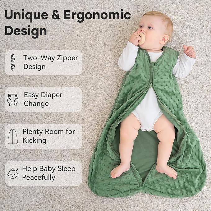 Fleece Baby Sleep Sack 0-6 Months with Plush Dots 1.5 Tog Baby Wearable Blanket with 2-Way Zipper Warm Sleeping Sack for Toddler Infant Newborn - Small, Apricot & Dark Green