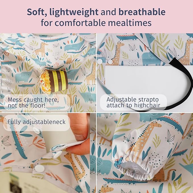 Long Sleeve Baby Bib - Mess-Proof Feeding Bibs for Babies - Adjustable, Waterproof, and Highchair/Table Attachment