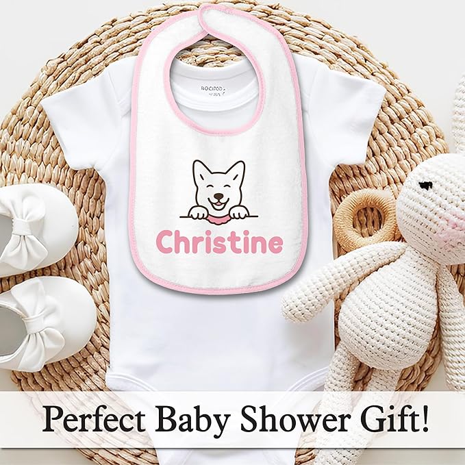 Personalized Baby Bib – Soft Cotton Terry, Cute Jindo Dog Design with Custom Text (1-2 Lines) – Newborns & Toddlers