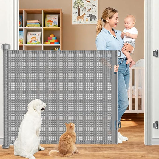 71 Inch Retractable Baby Gates Extra Wide, 41 Inch Reinforced Extra Tall Mesh Safety Gate for Kids Pets, Retractable Dog Gate Baby Retractable Gate for Stair Hallways Doorway Indoor Outdoor, Gray