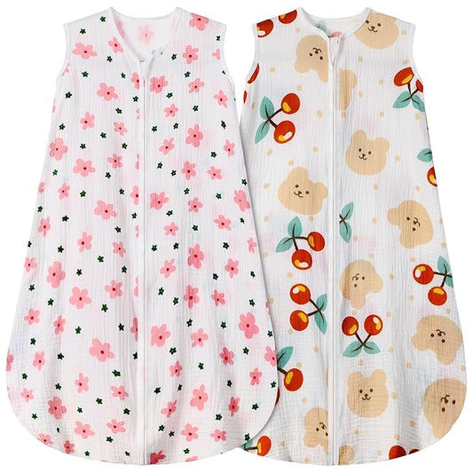 2 Pack Baby Sleep Sack 0-6 Months 100% Cotton Muslin Baby Sleeping Bag 2-Way Zipper Wearable Blankets (Flower & Cherry, Small)