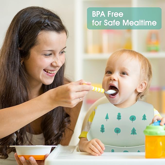 2 Pack Silicone Baby Bibs Adjustable Fit Waterproof Bib With Leak Proof Food Pouch Catcher for Eating Boys Girls
