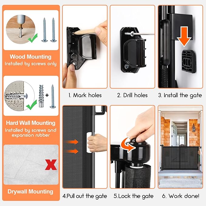 Upgrade 150 inch Retractable Baby Gates, EZIGO Extra Wide Baby Gate for Large Opening Extra Long Mesh Gate for Kids or Pet Dog Gate Child Safety Gate for Stairs Hallways Doorway Indoor Outdoor, Black