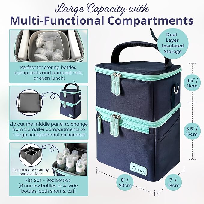 Cool Insulated Breast Milk Cooler Bag with Dual Sections, Non-Toxic, Perfect for Day Care Bottles and Pumping Working Traveling Moms to Keep Breast Milk Cold and Fresh On The Go