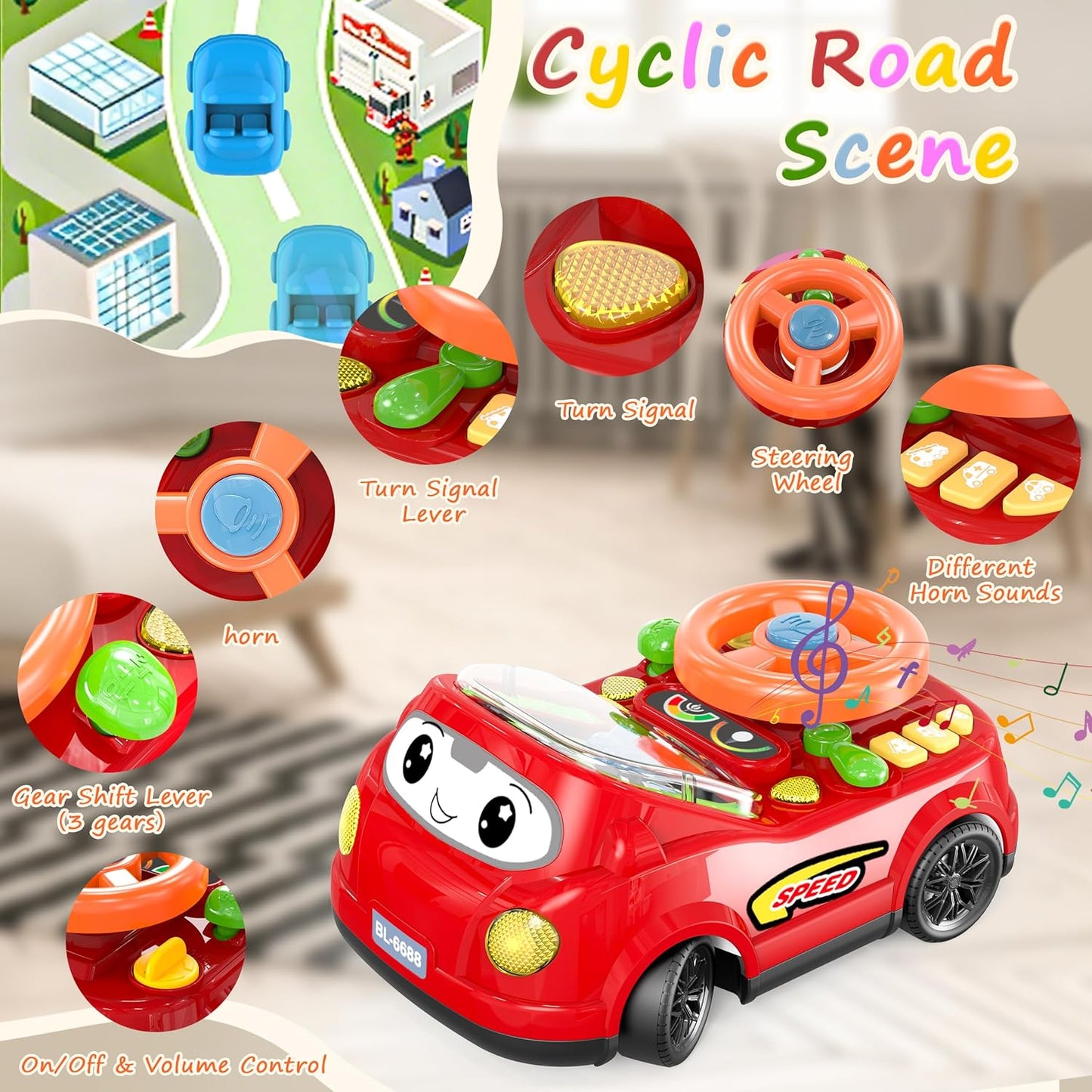 2-in-1 Toddler RC Car & Steering Wheel Toy with Music | Interactive Simulation Driving Adventure Toy for 18+ Months Baby Learning | Gift for 1.5+ Years Old Boys Girls