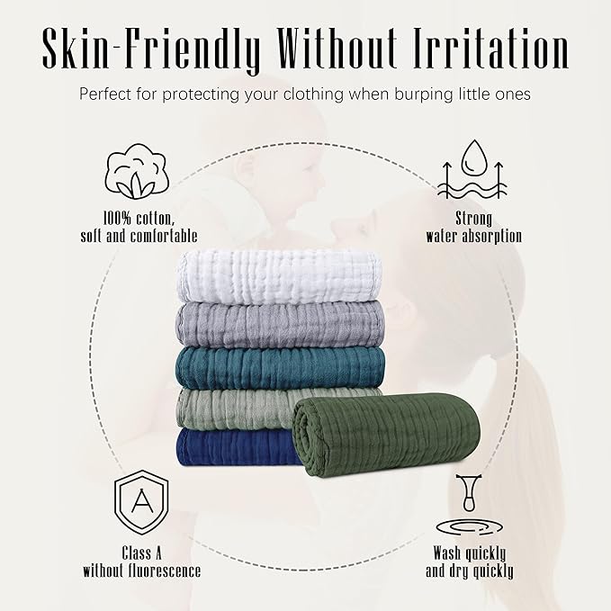 SWEET DOLPHIN 12 Pack Muslin Burp Cloths Large 100% Cotton Burping Clothes for Baby Drool - Absorbent and Soft Boys & Girls Milk Spit Up Rags for Newborn Essentials Registry - Mountain Gradient