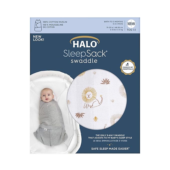 HALO 100% Cotton Muslin Sleepsack Swaddle, 3-Way Adjustable Wearable Blanket, TOG 1.5, Lions, Newborn, 0-3 Months