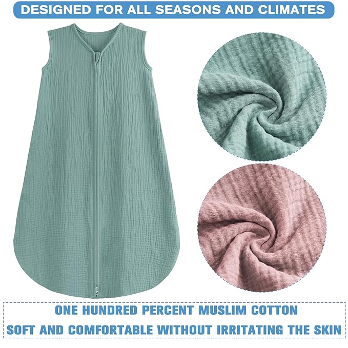 2 Pack Baby Sleep Sack 18-24 Months 100% Organic Cotton Muslin Baby Sleeping Bag 2-Way Zipper Toddler Wearable Blankets Comfy Stretchy Thin Sleep Sacks