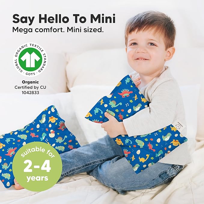 Mini Toddler Pillow with Pillowcase - 9x13 My Little Dreamy Travel Kids Pillow for Sleeping, Toddler Bed, Small, Tiny, Organic Cotton Pillowcase, Soft & Breathable, Kids 2-4 Years Old (DinoWorld)